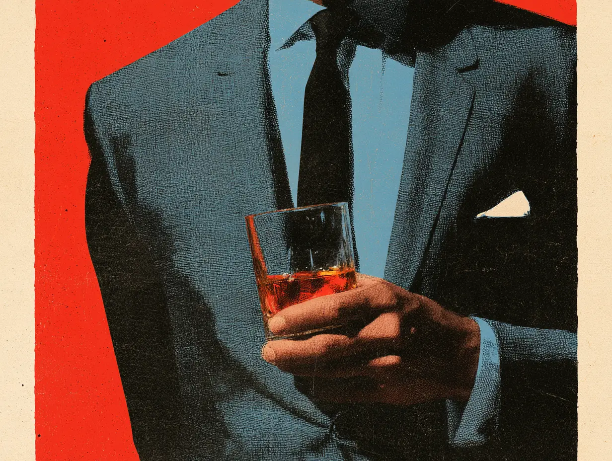 Vintage editorial illustration of a dinner-jacketed guest holding a bourbon glass