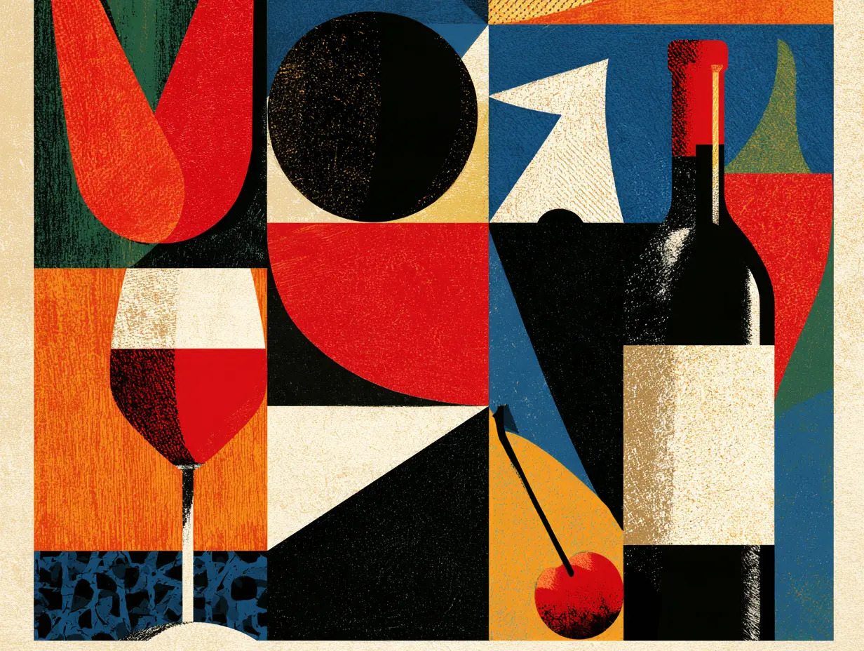 Vintage geometric illustration of wine, a bottle, crystal and fruit